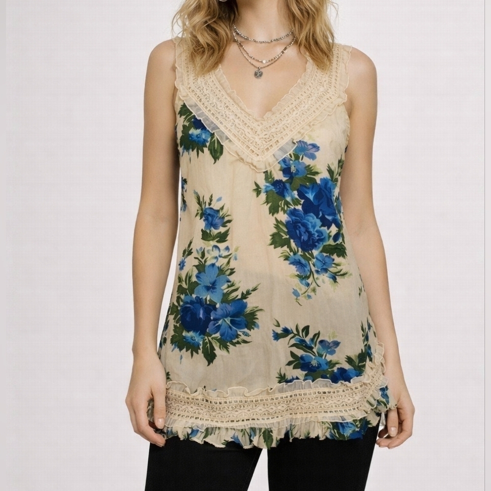 PASSPORT Floral Ruffle Lace Trim Sleeveless V-Neck Coquette Top